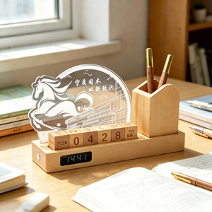 Deep Mountain Bamboo Wooden Perpetual Calendar Clock Pen Holder Desktop Ornament Office Gift - Product Image 3