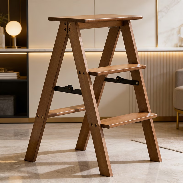 Multifunction Foldable Bamboo Wood-Colored Three-Step Ladder Stool  with High Load-Bearing Sturdy Portable Bar Stool High Stool
