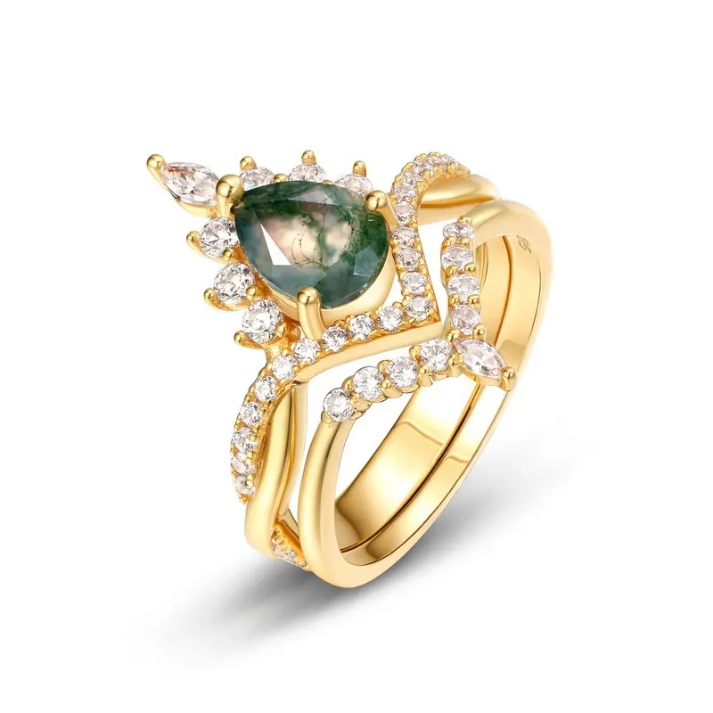 Luxurious Gold Filled Jewelry Twist Women's Ring Sterling Silver Elegant Pear Shaped Natural Moss Agate Gemstone Ring Set