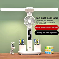 Lampe de table pliable 4 en 1 Ventilateur Horloge Porte-stylo Lampe de lecture LED à intensité variable Contrôle tactile Rechargeable USB 5V pour chambres
