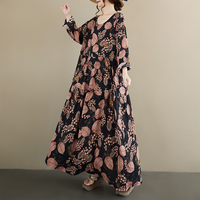 Robes maxi décontractées vintage en coton uni teint, à imprimé floral, taille plus, pour femmes, robe à manches mi-longues, robe de soirée élégante pour femmes