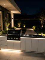 Cuisine extérieure moderne sans fumée pour jardin et terrasse, avec barbecue 5 brûleurs, plaque de cuisson à gaz, évier et station de cuisson en acier inoxydable