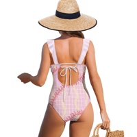 Sin logotipo personalizado etiqueta privada lujo Sexy cuello en V Spandex correa de espagueti Rosa traje de baño de una pieza joven chica de 18 años en Bikini