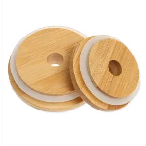70mm/86mm Mason Lids Reusable Bamboo Caps Tops with Straw Hole and Silicone Seal for Masons Canning Drinking Jars