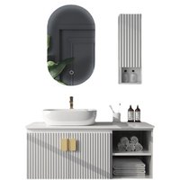 Meuble-lavabo mural en bois massif avec vasque intégrée, design moderne et épuré, éclairage LED anti-buée, luxe intelligent