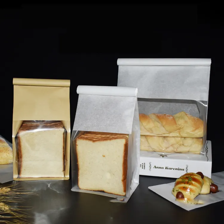 Sac en papier imprimé personnalisé d'usine, sac en papier à emporter, fenêtre transparente, pain grillé, sac en papier de boulangerie