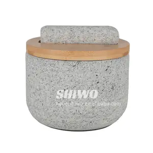 Small Bowl for Kitchen Spices and Pest,Hand Carved from Natural Granite,Granite Mortar and Pestle with Wooden Lid