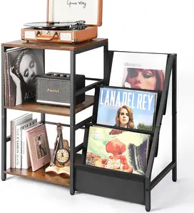 Grote Vintage Platenspeler Tafel Met Vinyl Recordhouder Kast Voor Woonkamer Bruine Platentafel Met Handvat Om Te Leven