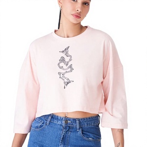 Camiseta Corta Rosa para Mujer, Manga Tres Cuartos, Cuello Redondo, Corte Holgado, Informal, Estampada, de Jersey de Algodón, Moda Primavera Verano - Product Image 1