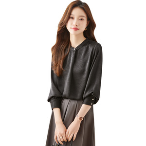 French Style Women's Chiffon Blouse White Black Solid Color Stand Collar Loose Fit Everyday Shirt Q105 - Product Image 5