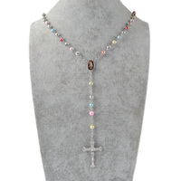 Collier pendentif avec autocollant Notre-Dame de Medjugorje, croix religieuse, collier en acrylique coloré, chapelet à perles tendance