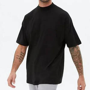 T-shirt vierge en coton de haute qualité, grammage lourd, col montant, coupe oversize, épaules tombantes, uni, pour hommes - Product Image 1