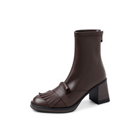Bottes mi-mollet pour femme Utopjie style britannique, automne-hiver, avec fermeture éclair, talon épais de 7 cm, antidérapantes, à pompons, en cuir de vachette noir, doublure en peau de mouton