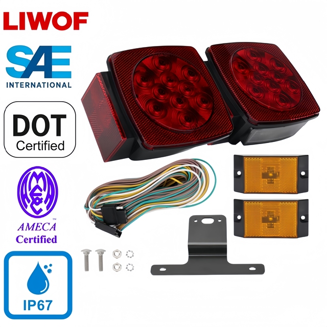 Red 12V Square Submersible LED Trailer Light Kit DOT/SAE IP67 Waterproof Tail Brake Turn Signa for Boat RV Utility Trailer
