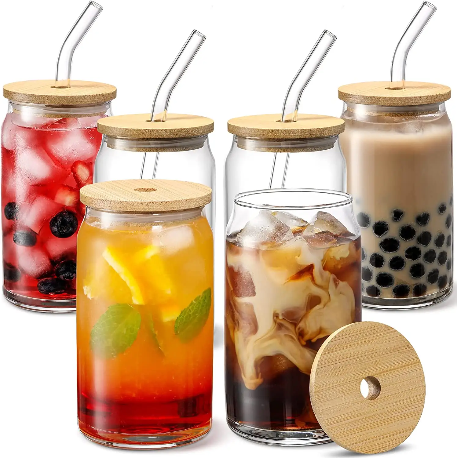 Libbey Iced Coffee 16 oz Beer Drinking Can Glasses Shaped Cup with Bamboo Lids and Glass Straws