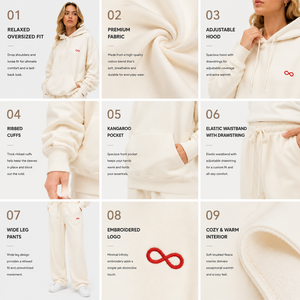 Ensemble 2 pièces brodé pour femme : sweat à capuche oversize avec poches et pantalon taille haute à jambes larges en molleton doux – Tenue décontractée BSCI OEM - Product Image 3
