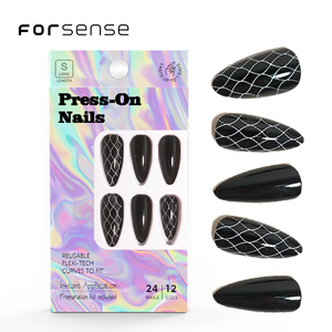 Forme d'amande chic presse noire sur les <span class=keywords><strong>ongles</strong></span> femmes 24 pièces stiletto auto-adhésif doigt artificiel presse-sur <span class=keywords><strong>ongles</strong></span> <span class=keywords><strong>faux</strong></span> <span class=keywords><strong>ongles</strong></span> avec de la colle - Product Image 1