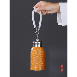 Zhuqi Pavilion Bamboo Woven Pure Titanium <b>Thermos</b> 12-24h Heat Preservation Outdoor Portable <b>Tea</b> Cup With Strap - Product Image 3