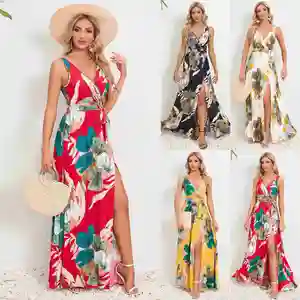 Custom Clothing Manufacturers Bohemian Maxi Long A-line Dress Flower V-neck Split Seaside Beach Wear Holiday Clothing