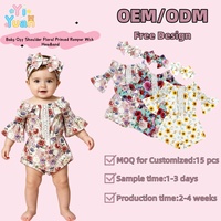 Combinaison courte à épaules dénudées pour bébés filles, manches cloche, motif floral, patchwork en dentelle, avec bandeau assorti, tenue quotidienne pour tout-petits