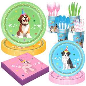 Großhandel Welpen-Party-Set Pappteller Becher Servietten Tischdecke Happy Birthday Banner Tortendekoration Ballon für Haustier-Party-Deko - Product Image 1