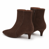 Bottines en daim marron foncé pour femmes, bout pointu, fermeture éclair intérieure, talon chaton 4 cm, fournisseur de mode OEM sous marque privée