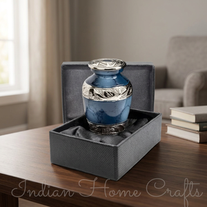 Blue Keepsake Urn Cremation Ash Casket <b>Memorial</b> Urn Metal Keepsake Urn with Gift <b>Box</b> for Remembrance - Indian Home Crafts - Product Image 1