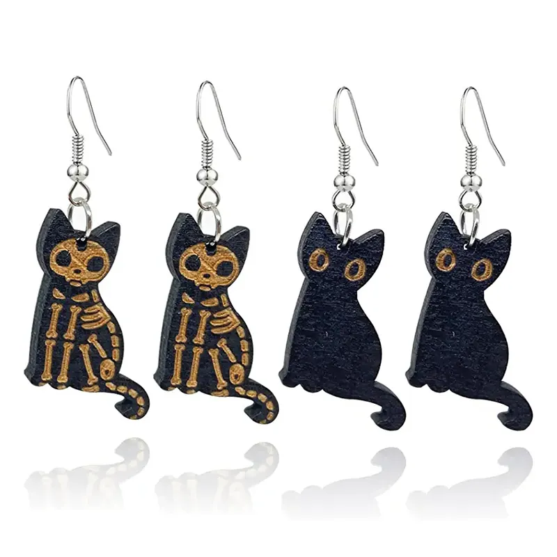 Anting-Anting Gantung Kucing Hitam Halloween Punk Anting-Anting Liontin Kucing Kerangka Kayu untuk Wanita Anak Perempuan Perhiasan Kayu