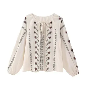 Summer Polyester Simple Casual Fashion Embroidery Long Sleeves Crew Neck Women's Top/blouse