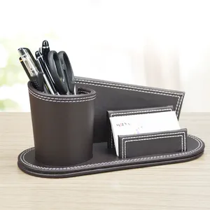 Desk funny handmade customized table stationary wooden leather pen holder Office Desk Accessories Brown Multifunctional Leather