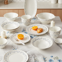 Ensemble de bols et d'assiettes en céramique à motif de plantes bleues, durable, réutilisable, durable, compatible avec le micro-ondes, design minimaliste moderne