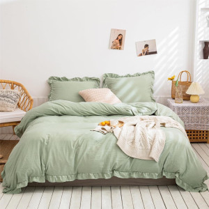 Boman Home Textiles Koreaanse stijl driedelig effenkleurig voorgewassen dekbedovertrekset met geruite kantbies - Product Image 5