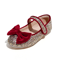 Chaussures plates Mary Jane pour bébés filles en velours bordeaux à paillettes dorées avec nœud, fermeture auto-agrippante, pour le printemps et l'automne, idéales pour les soirées et les fêtes