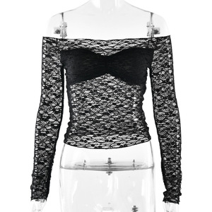 Haut en dentelle à épaules dénudées et manches longues pour femme, couleur unie, transparent, coupe ajustée, idéal pour le quotidien, les rendez-vous, les voyages et la photographie de rue - Product Image 5