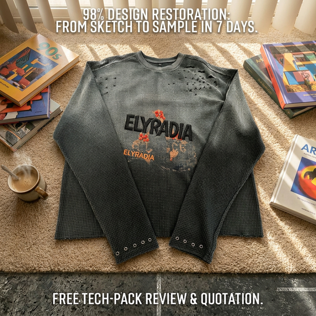 ELYRADIA Custom Heavyweight Waffle Knit Streetwear 100% Cotton Sun Faded Washed Distressed Print Sweatshirt