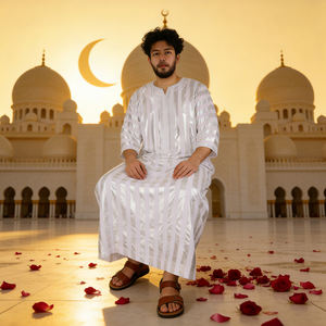 Robe longue Thobe pour homme, texture rayée blanche traditionnelle, tenue de performance culturelle, certifiée CE UKCA, directement du fabricant - Product Image 3