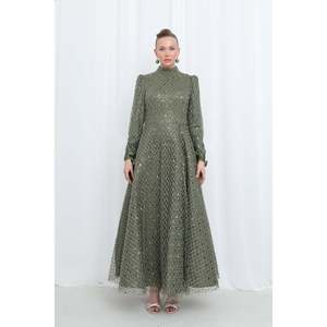 Robe de soirée en satin ornée de paillettes pour femmes avec détail de manchette - 17014ELB - KHAKI - Product Image 2