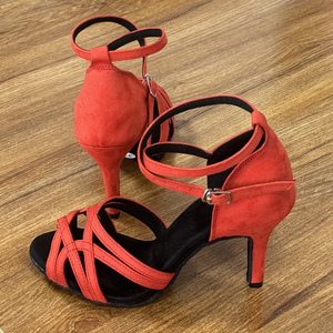 LUOQIAO S041 2026 Zapatos de Baile Latino Profesionales Rojos de Gamuza con Suela Suave para Mujer, <span class=keywords><strong>Cha</strong></span> <span class=keywords><strong>Cha</strong></span>/Salsa/Bachata, 8.5cm - Product Image 1
