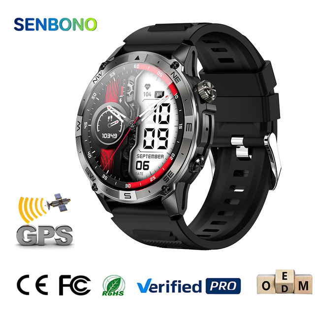 SENBONO Outdoor GPS Smartwatch BT Call Heart Rate Sport Modes Waterproof Fitness Tracker Compass Function Compatible IOS Android