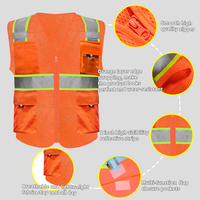 Gilet de sécurité en maille haute visibilité réfléchissant en polyester avec poches et fermeture éclair, certifié ANSI/ISEA, vêtements de travail