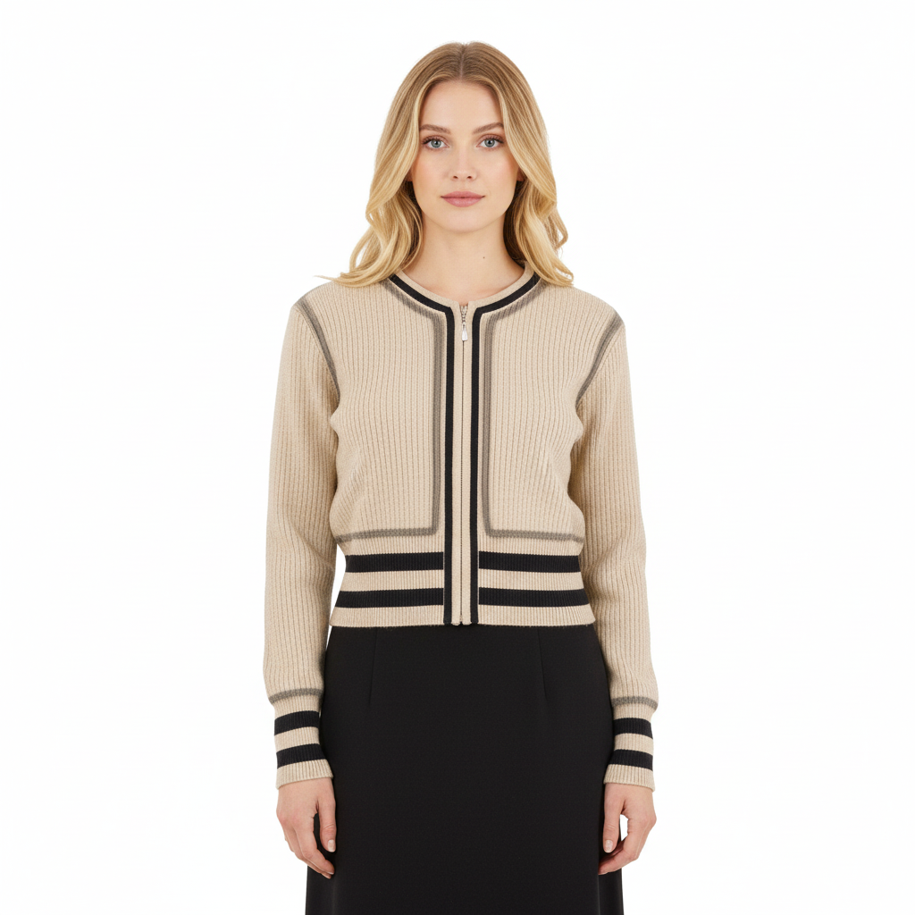 Factory Custom Women Knit Sweater Long Sleeve Crew Neck Ladies Sweater High Waist Stripe Jacquard Zipper Women Knit Cardigan