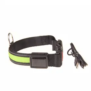 LED Dog Collar USB Solar Rechargeable Nylon Reflective with Water Resistant Flashing Light Night Safety Collars Cable Included