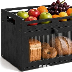Bread Storage Box Double Layer Wooden With Lid Fruit Rack <b>Kitchen</b> Countertop Organizer Solid Wood Rectangle Design - Product Image 2