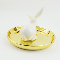 Plateau à bijoux en céramique en forme de lapin, plat à bibelots plaqué or, plateau de rangement pour bagues et boucles d'oreilles pour la décoration de coiffeuse, vente en gros