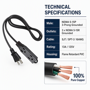 Cable de Alimentación para Computadora de 1.8m, 13A, 16AWG, Estándar Estadounidense, 3 en 1, IEC NEMA 5-15P a 5-15R, con Conductor de Cobre Puro - Product Image 4