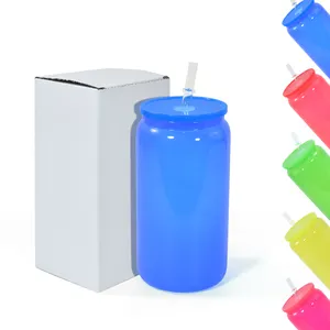 16oz Neongläser mischen 4 farben blanko Sublimationsglasdosen Glasbecher mit buntem PP-Deckel und Strohhalm