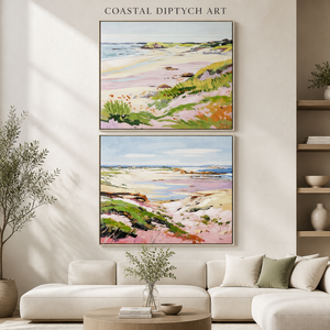 Modernes Impressionistisches Küstenlandschafts-Wandkunst-Set mit 2 Farbenfrohen Dünen Meerblick Leinwandgemälden für Wohnzimmer - Product Image 1