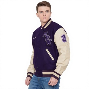 Veste universitaire pour homme en violet et beige avec logo MPW brodé et numéro 3 sur la manche, style preppy, vêtement d'automne - Product Image 1