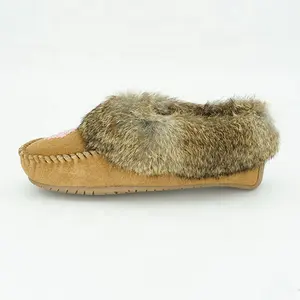 Fujiwarmlab — mocassins en cuir suède, plats avec col en fourrure de lapin, modèle indien, chaud, pour l'hiver