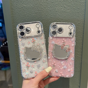 Cartoon KT <b>Cat</b> Flower Mobile Phone case for iPhone 17 Air 16 15 Pro Max Mirror Bow cute Camera Frame glass 3D Diamond back Cover - Product Image 1